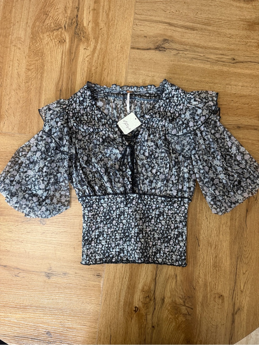 Free People XS Floral Mesh Smocked Puff Sleeve Corset Blouse Top NWT $88
